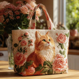 Bolsa artesanal com gato vermelho e rosas rosas