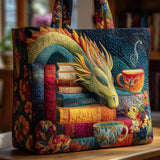 Bolsa artesanal com dragão, livros e xícaras