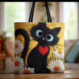 Bolsa feita à mão com gato preto, coração e margaridas