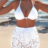 Laluna® | Elegante conjunto de biquíni em renda de cor sólida
